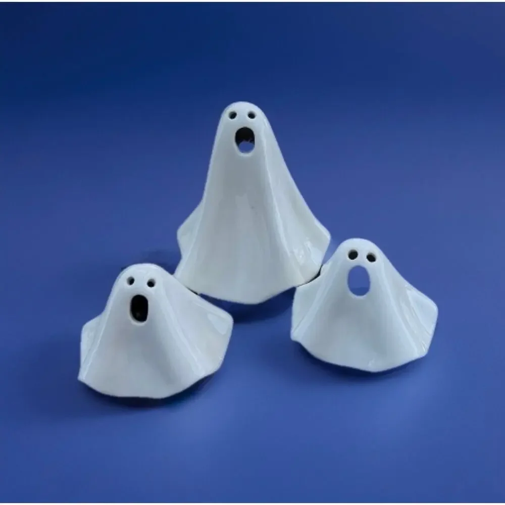Crate & Barrel Ceramic LED Ghost Figurines Set of 3 Halloween Light Up Decor